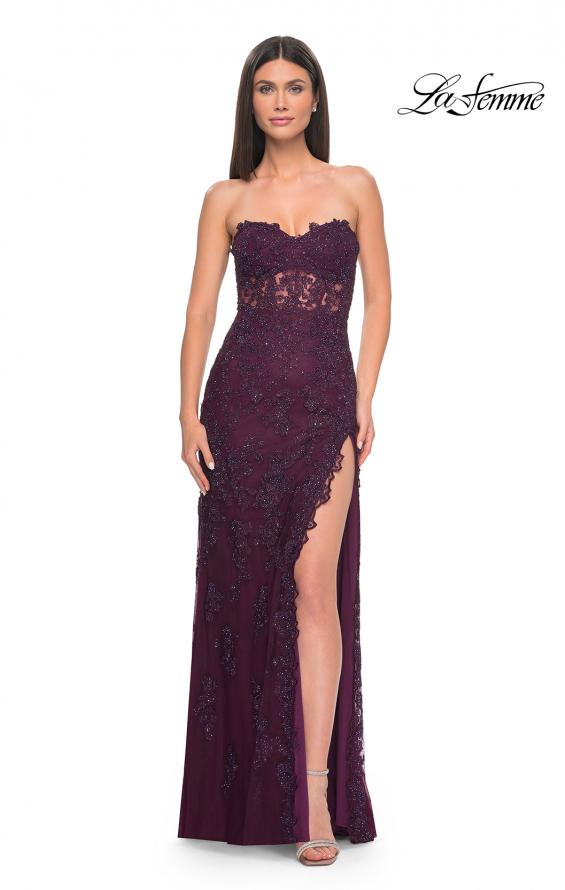 Picture of: Jewel Tone Embroidered Lace Fitted Prom Dress with Lace Edge Slit in Dark Berry, Style: 32437, Detail Picture 1
