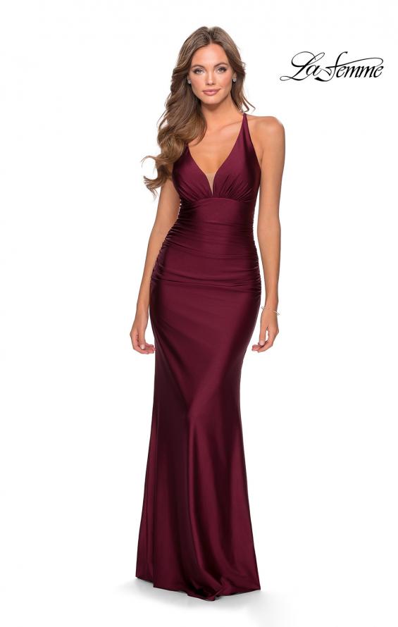Picture of: Ruched Jersey Prom Dress with Strappy Lace Up Back in Burgundy, Style: 28297, Detail Picture 2