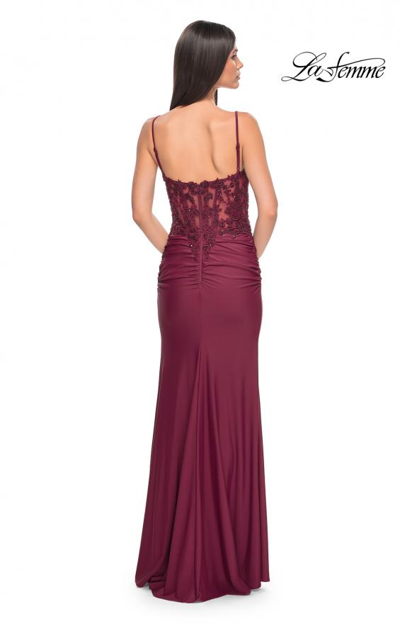 Picture of: Sheer Lace Top with Ruched Jersey Skirt Prom Dress in Dark Berry, Style: 32132, Detail Picture 2