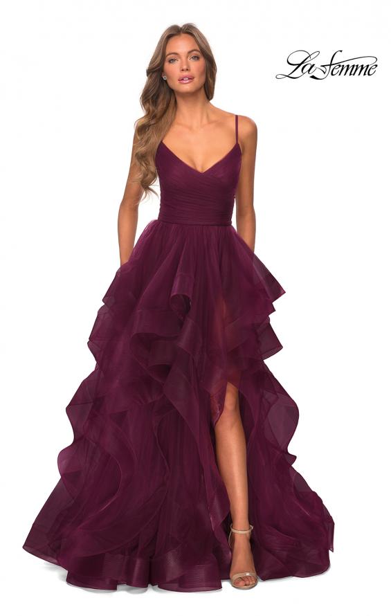 Picture of: Layered Tulle Prom Dress with V Shaped Neckline in Burgundy, Style: 28502, Detail Picture 3