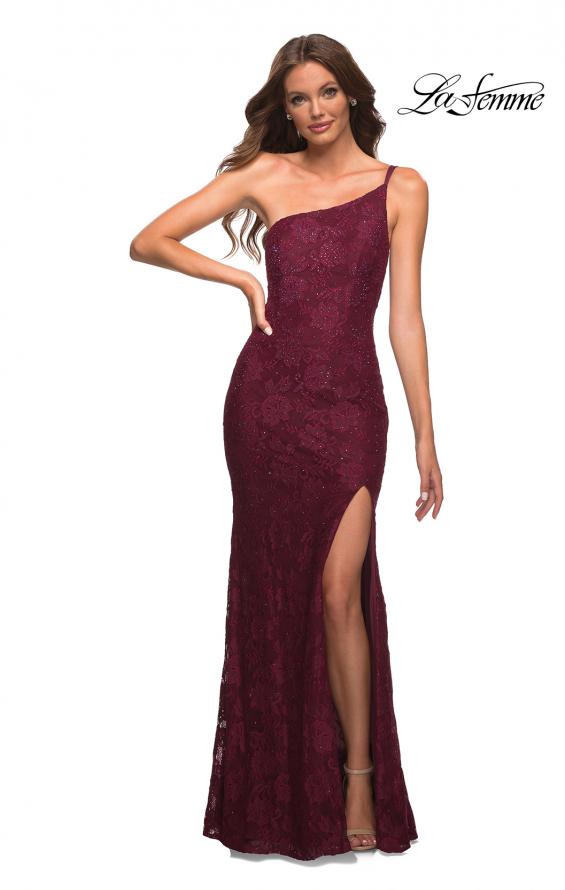 Picture of: One Shoulder Long Lace Prom Dress with Open Back in Dark Berry, Detail Picture 4