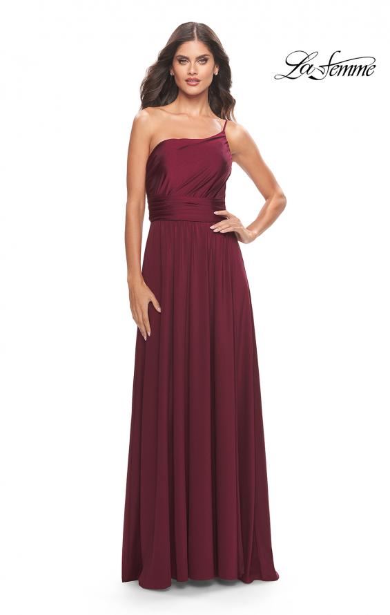 Picture of: Chic One Shoulder Long Jersey Gown with Defined Waist in Dark Berry, Style: 31170, Detail Picture 4