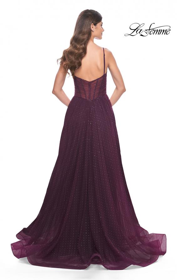 Picture of: A-Line Rhinestone Tulle Embellished Gown with Illusion Top in Dark Berry, Style: 31970, Detail Picture 4