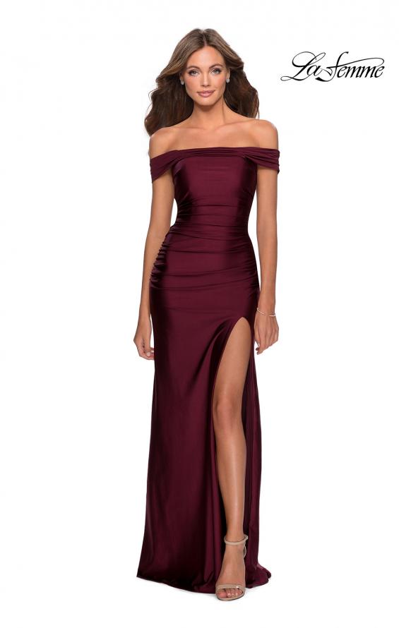 Picture of: Off the Shoulder Prom Dress with Tie Back and Slit in Burgundy, Style: 28506, Detail Picture 5