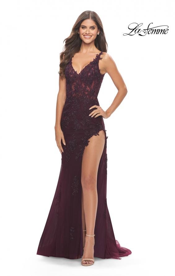 Picture of: Lace Dress with High Side Slit and V Neckline in Dark Berry, Style: 30767, Detail Picture 5