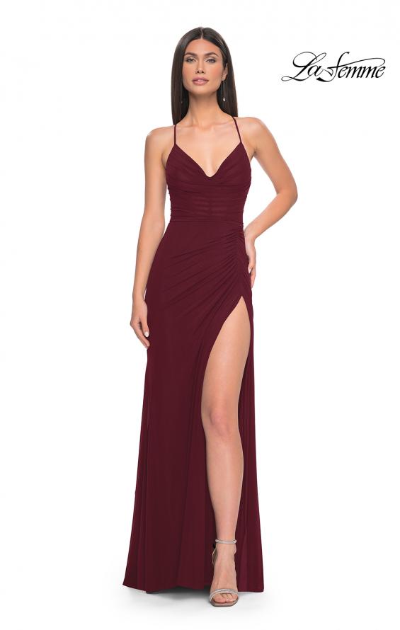 Picture of: Net Jersey Ruched Prom Dress with Illusion Bodice in Dark Berry, Style: 31151, Detail Picture 5