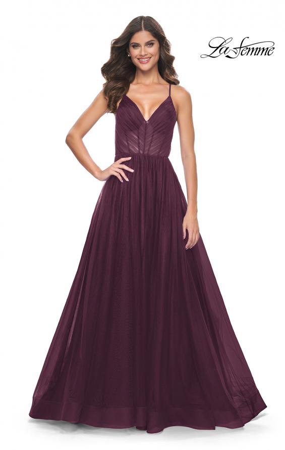 Picture of: A-Line Prom Dress with Illusion Ruched Bodice in Dark Berry, Style: 31457, Detail Picture 5