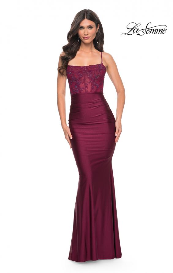 Picture of: Ruched Jersey Dress with Illusion Corset Lace Top in Purple, Style: 31857, Detail Picture 5