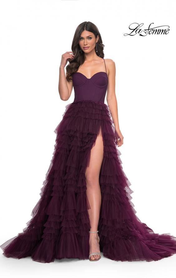 Picture of: Ruffle Tulle A-Line Dress with Satin Bustier Top in Purple, Style: 32071, Detail Picture 5