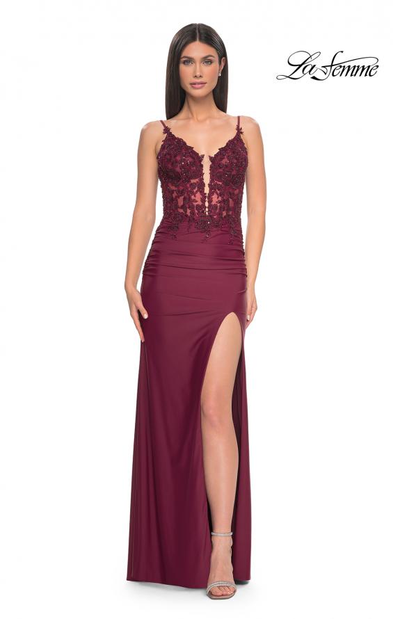 Picture of: Sheer Lace Top with Ruched Jersey Skirt Prom Dress in Dark Berry, Style: 32132, Detail Picture 5