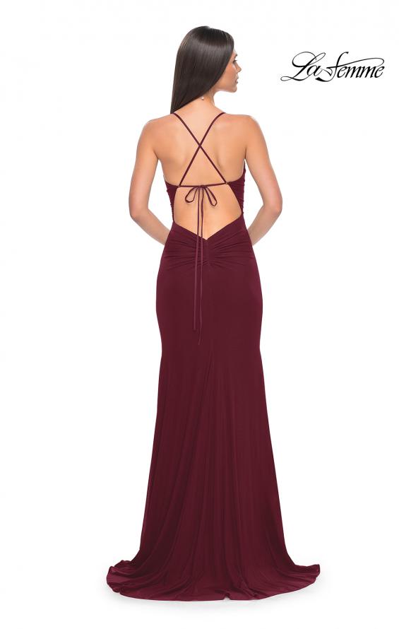 Picture of: Net Jersey Ruched Prom Dress with Illusion Bodice in Dark Berry, Style: 31151, Detail Picture 6