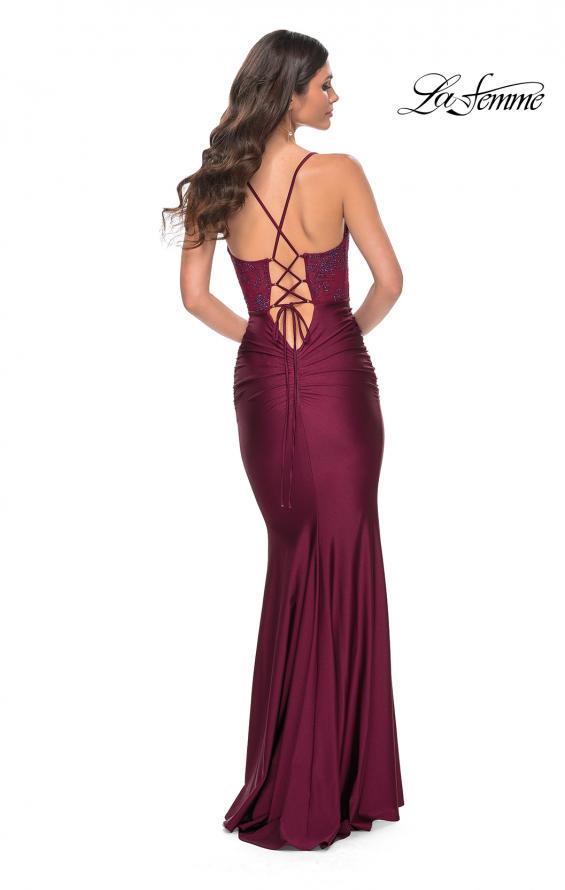 Picture of: Ruched Jersey Dress with Illusion Corset Lace Top in Purple, Style: 31857, Detail Picture 6