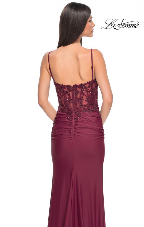 Picture of: Sheer Lace Top with Ruched Jersey Skirt Prom Dress in Dark Berry, Style: 32132, Detail Picture 6