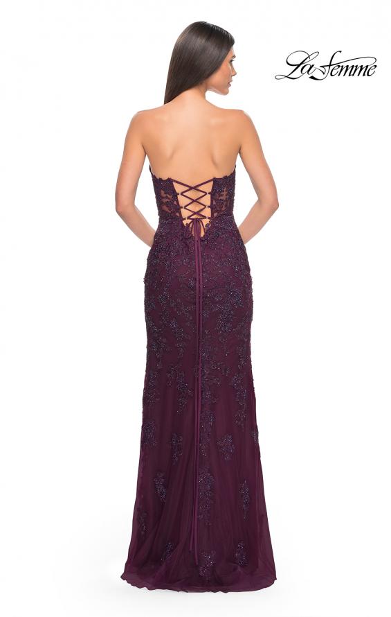 Picture of: Jewel Tone Embroidered Lace Fitted Prom Dress with Lace Edge Slit in Dark Berry, Style: 32437, Detail Picture 7
