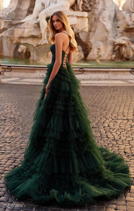 Picture of: Ruffle Tulle A-Line Dress with Satin Bustier Top in Dark Emerald, Style: 32071, Back Picture