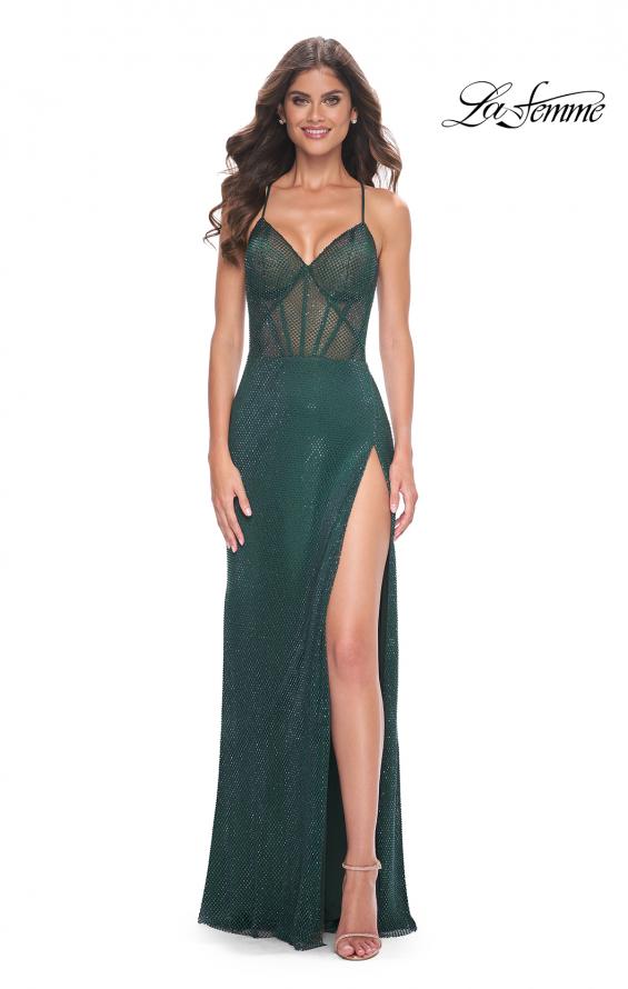 Picture of: Rhinestone Fishnet Dress with Illusion Bodice and Boning in Dark Emerald, Style: 32247, Detail Picture 4