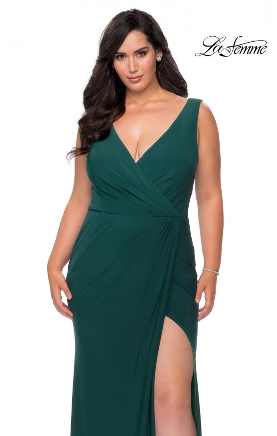 Picture of: Jersey Plus Size Prom Dress with V-Neckline and Slit in Dark Emerald, Style: 28882, Detail Picture 1