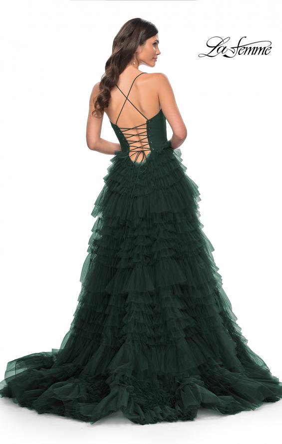Picture of: Ruffle Tulle A-Line Dress with Satin Bustier Top in Dark Emerald, Style: 32071, Detail Picture 8