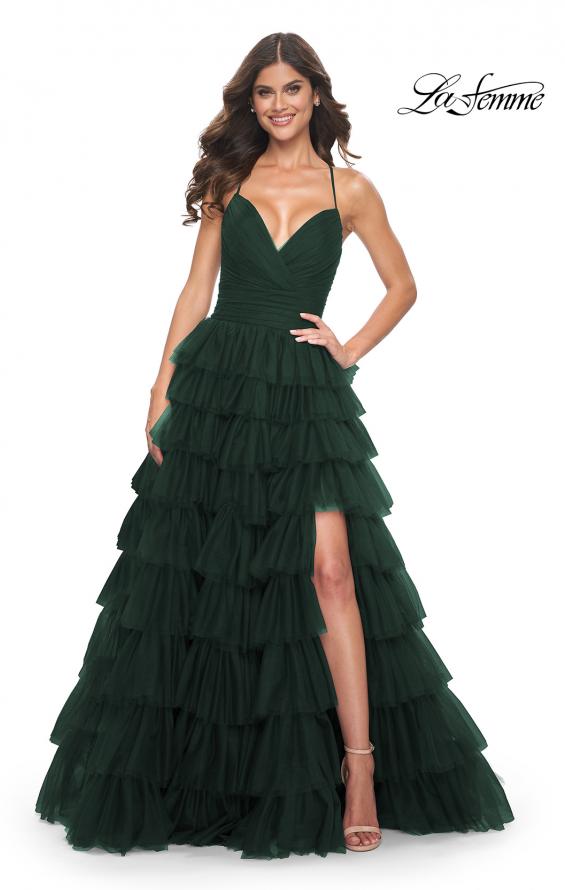 Picture of: A-Line Ruffle Tulle Gown with High Slit and Lace Up Back in Dark Emerald, Style: 32086, Detail Picture 8