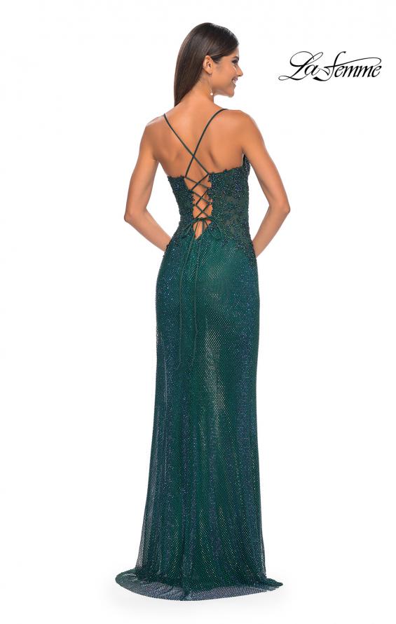 Picture of: Rhinestone Fishnet Gown with Lace Detail and High Slit in Dark Emerald, Style: 32218, Detail Picture 8
