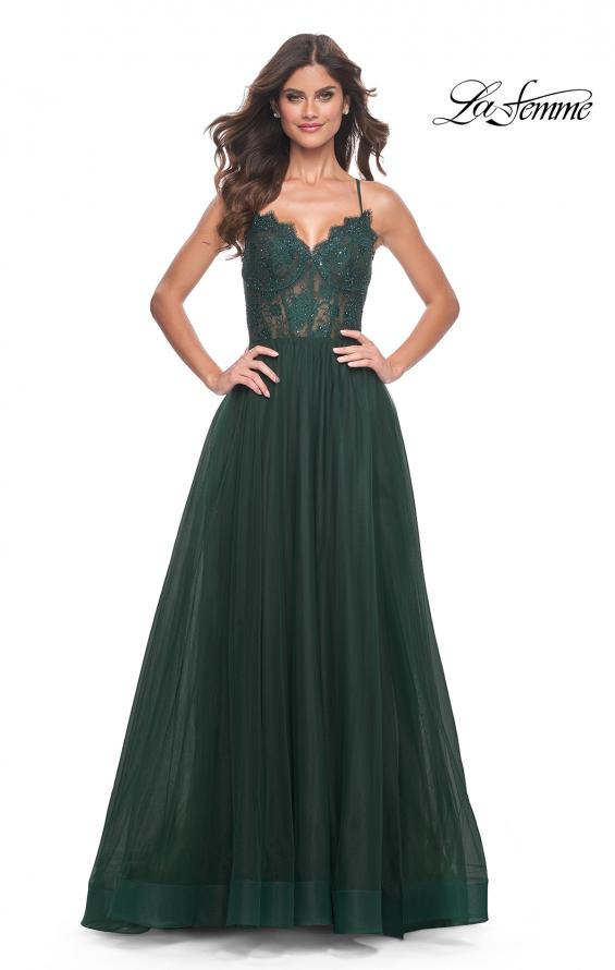 Picture of: Tulle Dress with Full Skirt and Sheer Lace Bodice in Dark Emerald, Style: 32306, Detail Picture 9
