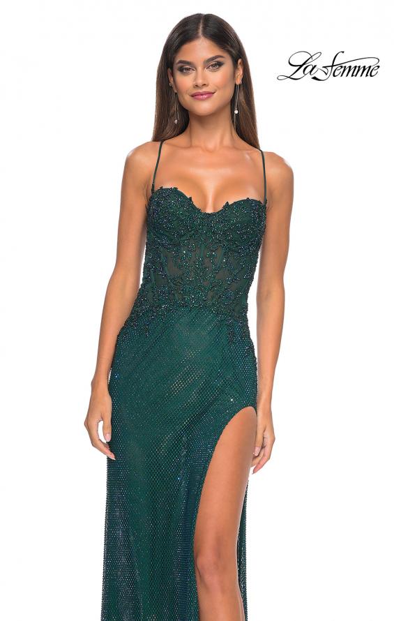 Picture of: Rhinestone Fishnet Gown with Lace Detail and High Slit in Dark Emerald, Style: 32218, Detail Picture 10