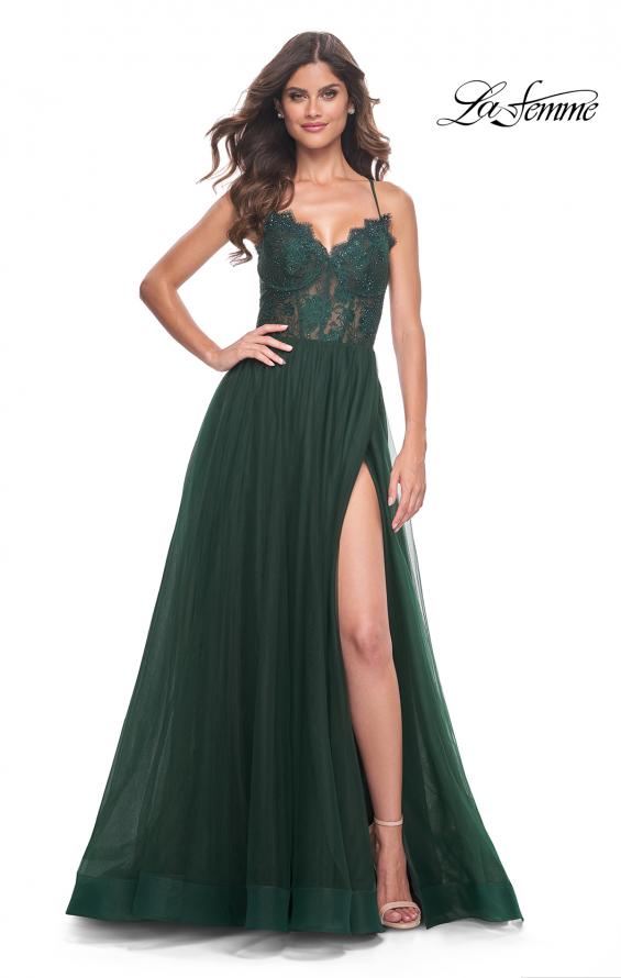 Picture of: Tulle Dress with Full Skirt and Sheer Lace Bodice in Dark Emerald, Style: 32306, Detail Picture 10
