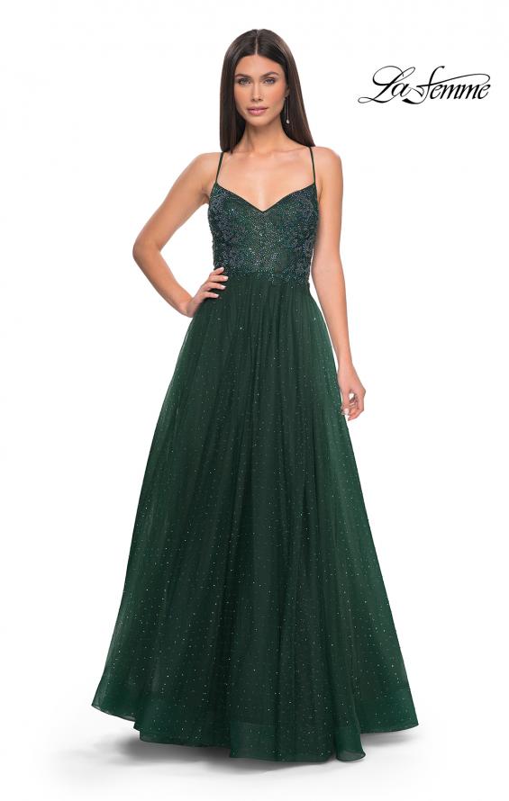 Picture of: Beautiful Rhinestone Beaded Illusion Top Tulle Prom Dress in Dark Emerald, Style: 32020, Detail Picture 11