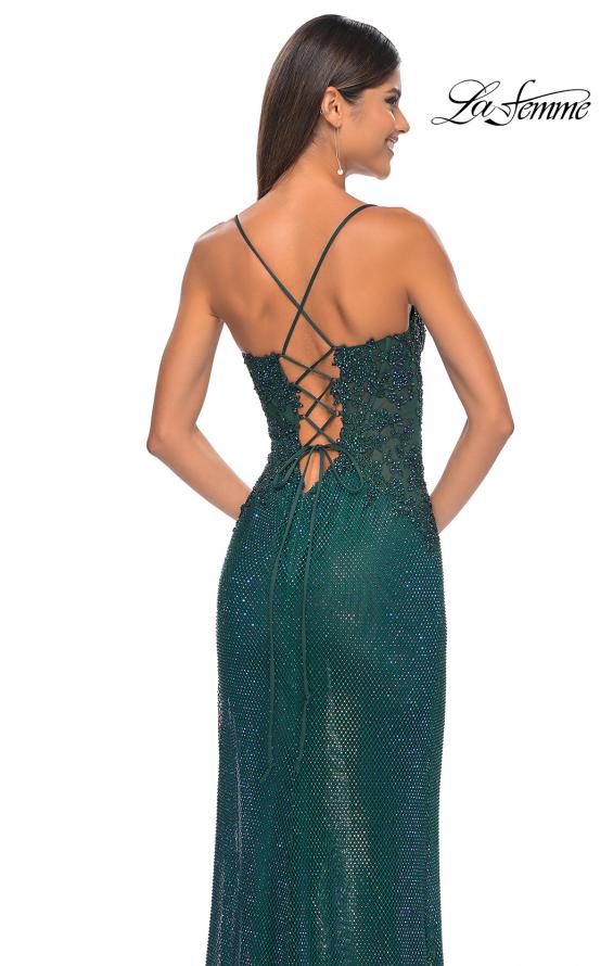 Picture of: Rhinestone Fishnet Gown with Lace Detail and High Slit in Dark Emerald, Style: 32218, Detail Picture 11