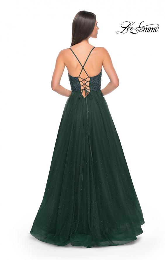 Picture of: Beautiful Rhinestone Beaded Illusion Top Tulle Prom Dress in Dark Emerald, Style: 32020, Detail Picture 12
