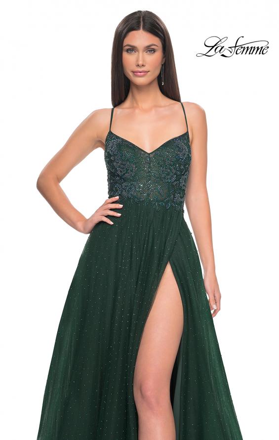 Picture of: Beautiful Rhinestone Beaded Illusion Top Tulle Prom Dress in Dark Emerald, Style: 32020, Detail Picture 13
