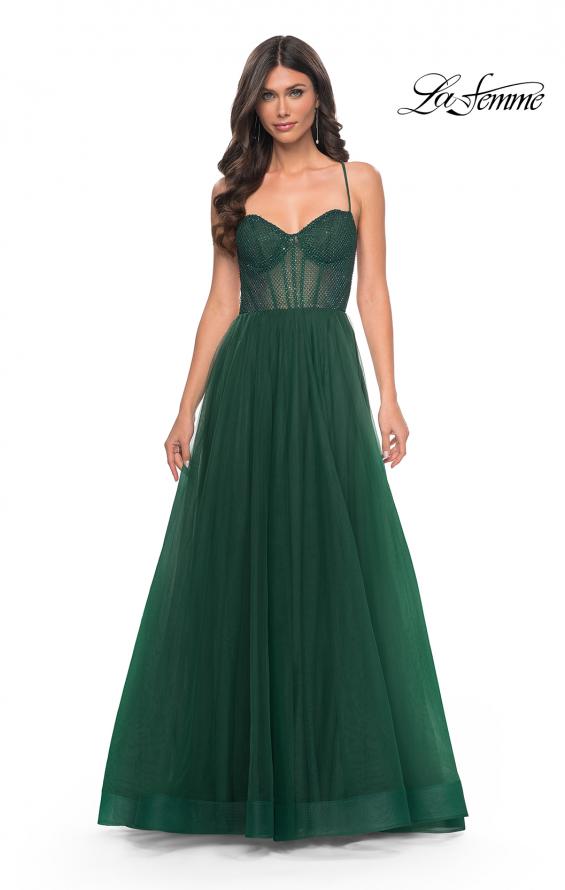 Picture of: A-Line Tulle Gown with High Slit and Illusion Rhinestone Fishnet Bodice in Green, Style: 32135, Detail Picture 13