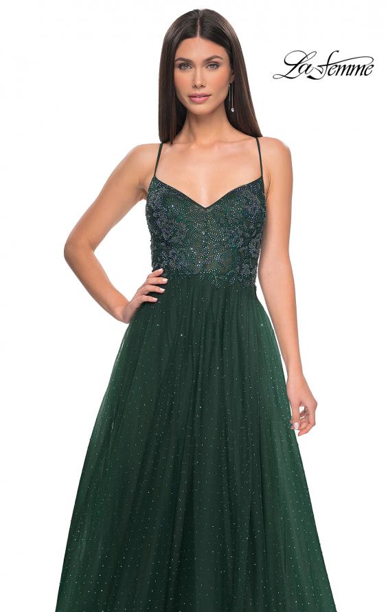 Picture of: Beautiful Rhinestone Beaded Illusion Top Tulle Prom Dress in Dark Emerald, Style: 32020, Detail Picture 14