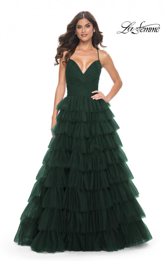 Picture of: A-Line Ruffle Tulle Gown with High Slit and Lace Up Back in Dark Emerald, Style: 32086, Detail Picture 15
