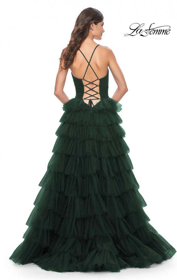 Picture of: A-Line Ruffle Tulle Gown with High Slit and Lace Up Back in Dark Emerald, Style: 32086, Detail Picture 16