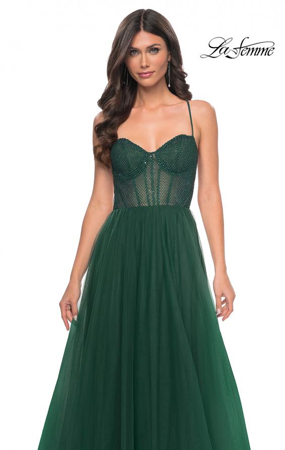 Picture of: A-Line Tulle Gown with High Slit and Illusion Rhinestone Fishnet Bodice in Green, Style: 32135, Detail Picture 16