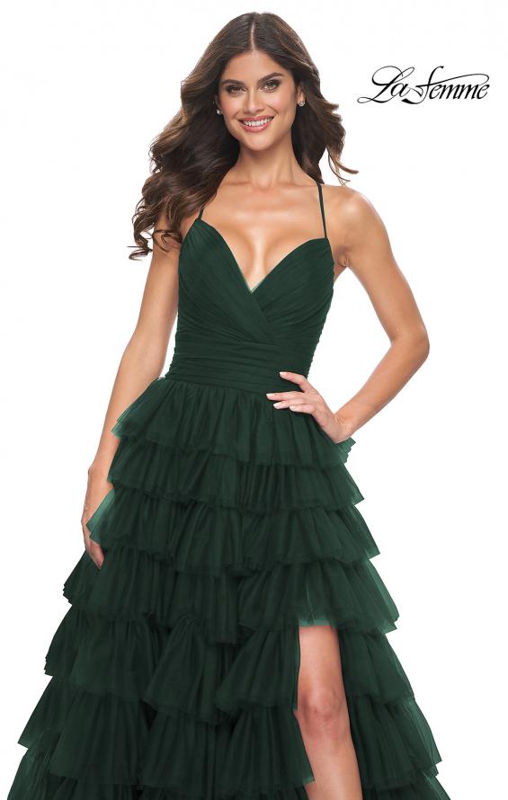 Picture of: A-Line Ruffle Tulle Gown with High Slit and Lace Up Back in Dark Emerald, Style: 32086, Detail Picture 17