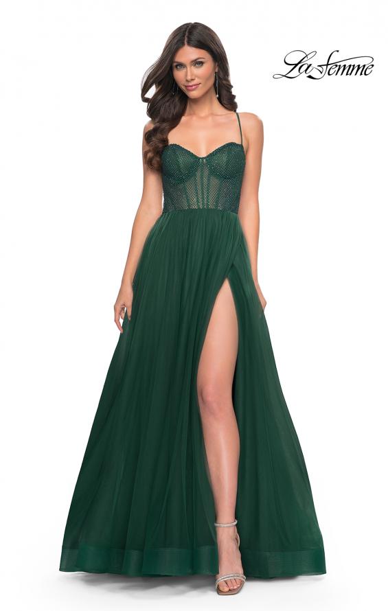 Picture of: A-Line Tulle Gown with High Slit and Illusion Rhinestone Fishnet Bodice in Green, Style: 32135, Detail Picture 17