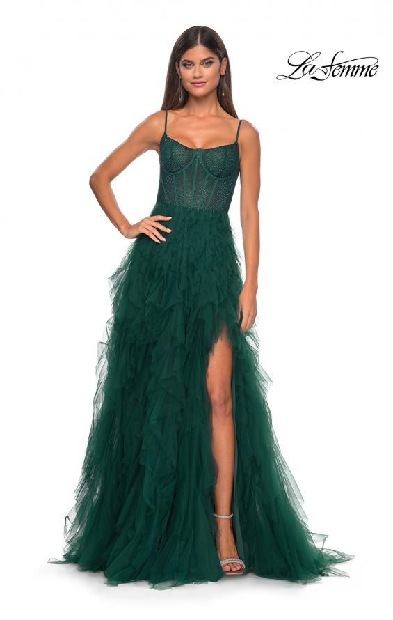 Picture of: Tulle A-Line Dress with Ruffle Skirt and Buster Rhinestone Fishnet Bodice in Dark Emerald, Style: 32233, Detail Picture 17