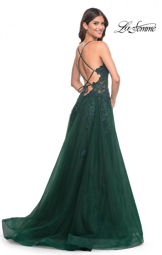 Picture of: A-Line Tulle Dress with Rhinestone Embellished Lace Applique in Dark Emerald, Style: 32022, Back Picture