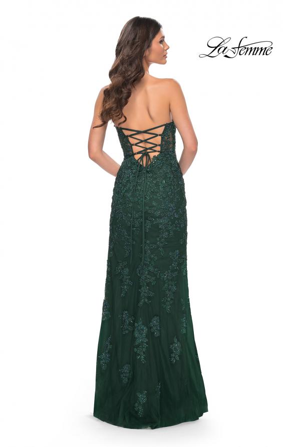 Picture of: Jewel Tone Embroidered Lace Fitted Prom Dress with Lace Edge Slit in Green, Style: 32437, Back Picture