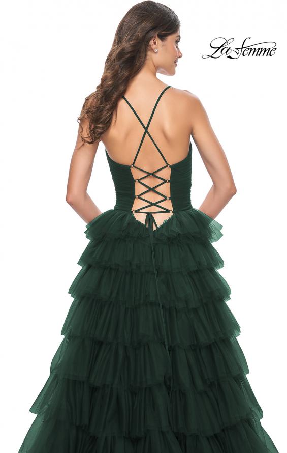 Picture of: A-Line Ruffle Tulle Gown with High Slit and Lace Up Back in Dark Emerald, Style: 32086, Detail Picture 18