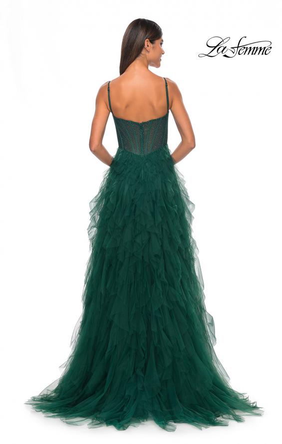 Picture of: Tulle A-Line Dress with Ruffle Skirt and Buster Rhinestone Fishnet Bodice in Dark Emerald, Style: 32233, Detail Picture 18