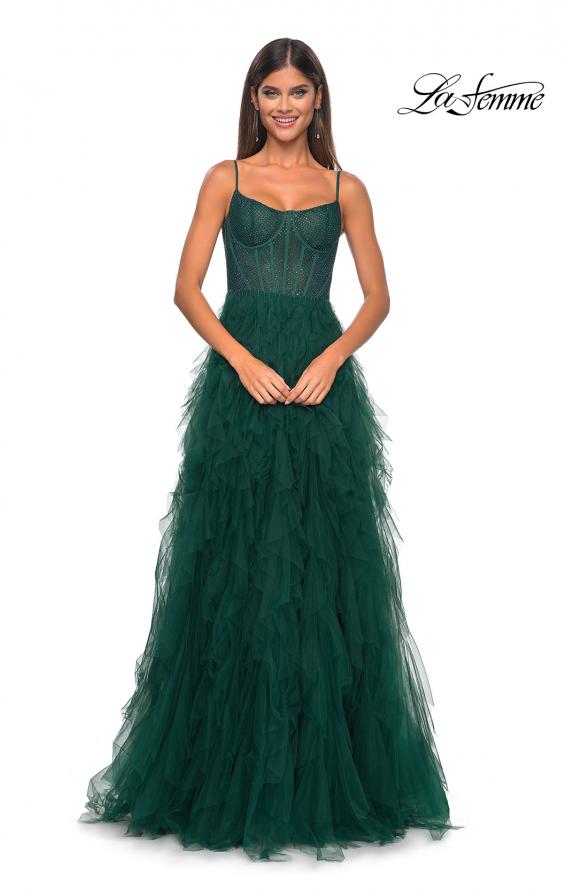 Picture of: Tulle A-Line Dress with Ruffle Skirt and Buster Rhinestone Fishnet Bodice in Dark Emerald, Style: 32233, Detail Picture 19