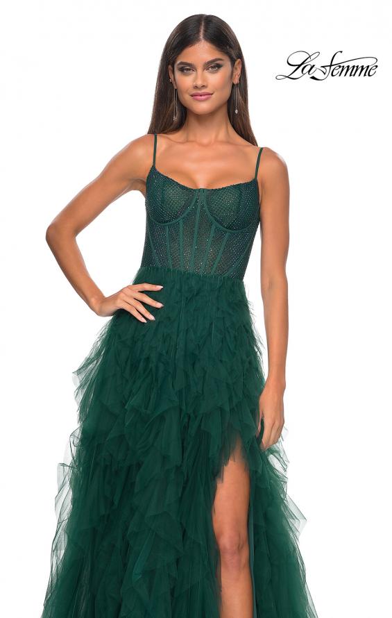 Picture of: Tulle A-Line Dress with Ruffle Skirt and Buster Rhinestone Fishnet Bodice in Dark Emerald, Style: 32233, Detail Picture 20