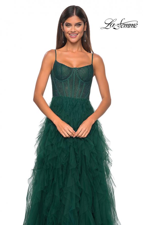 Picture of: Tulle A-Line Dress with Ruffle Skirt and Buster Rhinestone Fishnet Bodice in Dark Emerald, Style: 32233, Detail Picture 22