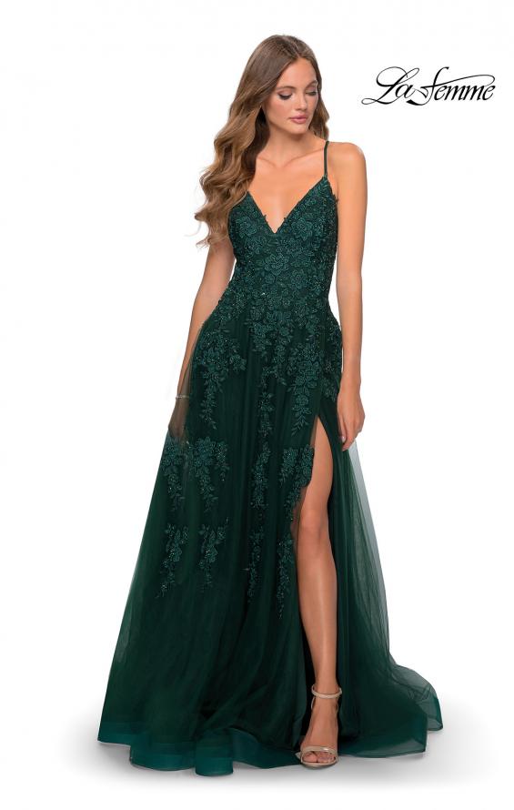 Picture of: Tulle Prom Dress with Floral Detail and Side Slit in Dark Emerald, Style: 28985, Detail Picture 1