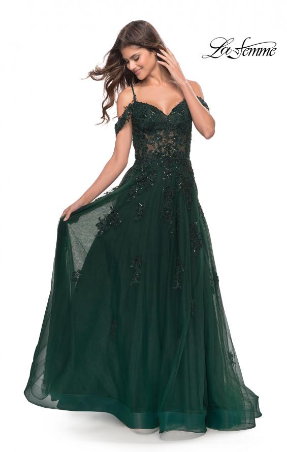 Picture of: A-Line Gown with Beautiful Beaded Lace Applique in Dark Emerald, Style: 31346, Detail Picture 1