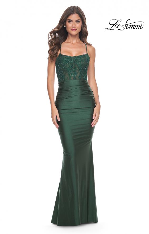 Picture of: Ruched Jersey Dress with Illusion Corset Lace Top in Dark Emerald, Style: 31857, Detail Picture 1