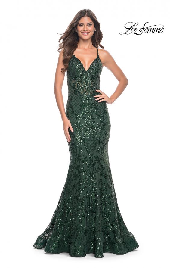 Picture of: Mermaid Print Sequin Dress with Lace Up Open Back in Dark Emerald, Style: 31943, Detail Picture 1